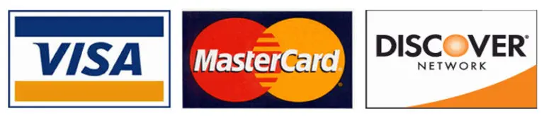 Visa, MasterCard, Discover credit card logos.