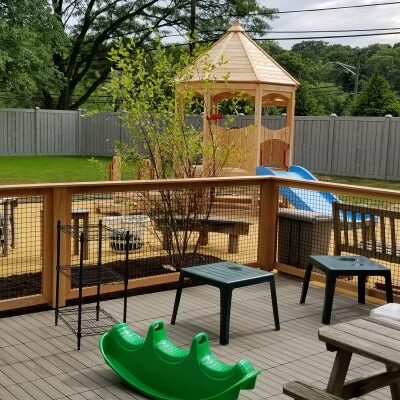 Playground with slide and seating area.